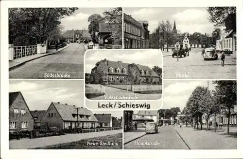 Ak Leck in Nordfriesland, Volkshochschule, Markt, Hauptstraße, Neue Siedlung