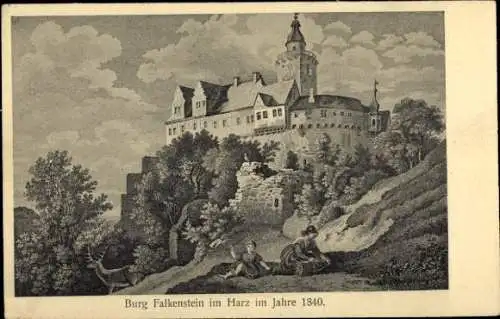 Ak Pansfelde Falkenstein im Harz, Burg Falkenstein, Zeichnung von 1840