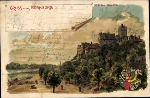 Litho Bernburg an der Saale, herzogliches Schloss, Wappen