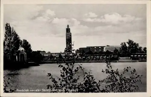 Ak Magdeburg an der Elbe, Adolf-Mittag-See, Kaffee Konditorei Stadthalle, Pagode, Blick von Terrasse