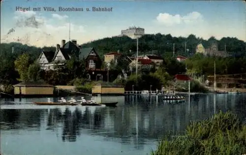 Ak Bredeney Essen im Ruhrgebiet, Villa Hügel, Bootshaus, Bahnhof, Ruderboote