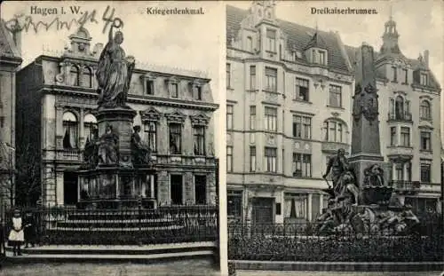 Ak Hagen in Westfalen, Kriegerdenkmal, Dreikaiserbrunnen