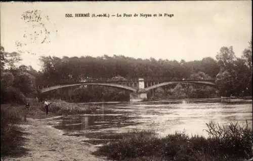 Ak Hermé Seine et Marne, LE Pont de Noyen et la Plage