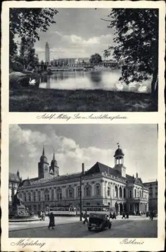 Ak Magdeburg an der Elbe, Adolf-Mittag-See, Ausstellungsturm, Rathaus