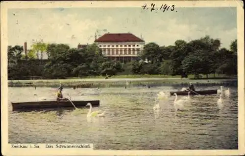 Ak Zwickau in Sachsen, Schwanenschloss, Schwäne, Ruderboot