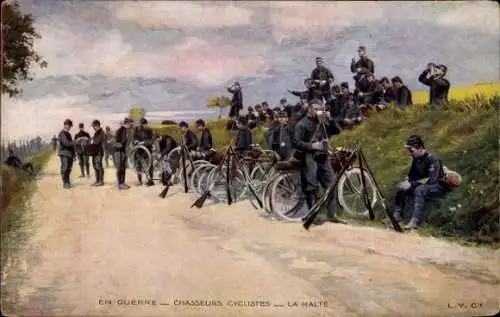 Künstler Ak En Guerre, Chasseurs Cyclistes, la Halte, französische Soldaten, Fahrräder