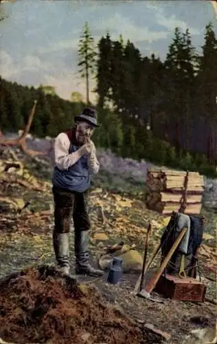 Lied Ak Erst noch ein Pfeifchen, Holzfäller in Tracht aus dem Erzgebirge, Verlag Wilhelm Vogel