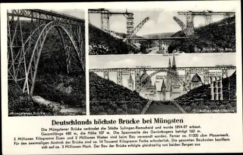 Ak Deutschlands höchste Brücke bei Müngsten, Größenvergleich kölner Dom, Bau