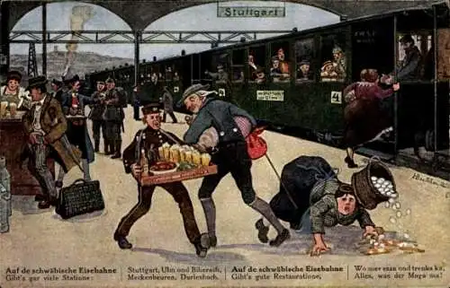 Künstler Ak Boettcher, Hans, Stuttgart, Bahnhof, Auf de Schwäbsche Eisebahne