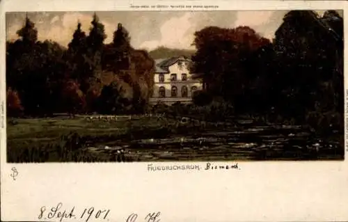 Litho Friedrichsruh Aumühle in Schleswig Holstein, Partie im Park, Ansicht vom Schloss