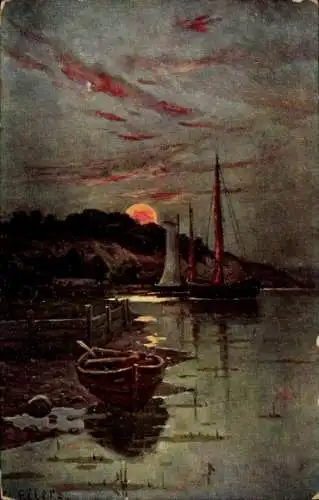 Künstler Ak Eilers, Conrad, An der Wasserkante, Sonnenuntergang, Ruderboot am Uferr