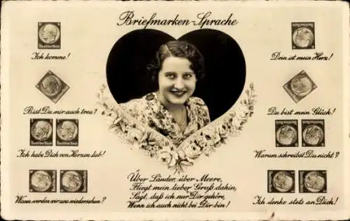 Ak Briefmarkensprache, Frauenportrait