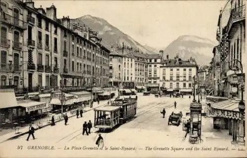 Ak Grenoble Isère, Der Grenelle-Platz und der Saint Eynard, Straßenbahn