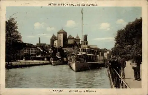 Ak Annecy Haute Savoie, Der Hafen und das Schloss