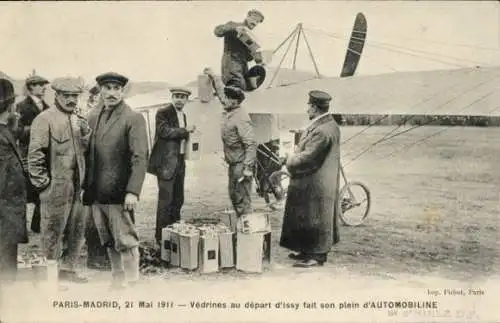 Ak Raid Paris-Madrid, 21. Mai 1911, Védrines au départ d'Issy fait son plain d'Automobiline