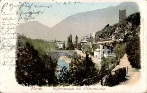 Ak Meran Merano Südtirol, Promenade mit Steinernensteg