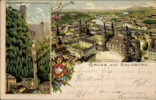 Litho Salzburg in Österreich, Stadtbild, Markt, Dom, Drahtseilbahn