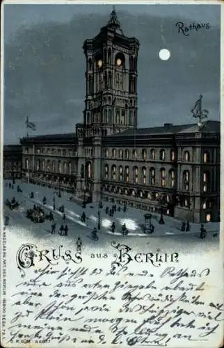 Haltgegendaslicht Litho Berlin, Rathaus bei Nacht, Mondschein