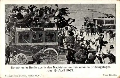 Ak Berlin, Unwetter 19. April 1903, Straßenpartie, Omnibus, Straßenbahn