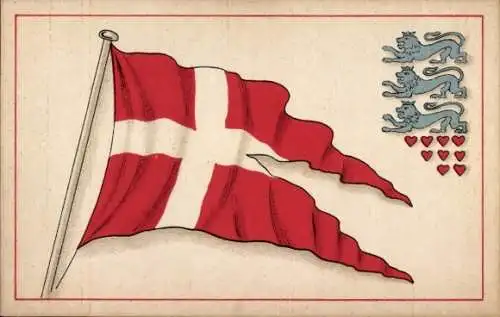 Ak Dänemark, Landesflagge, drei Löwen, Herzen