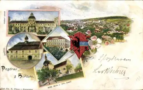 Ak Horovice Horowitz Mittelböhmen, Rathaus, Schloss, Schule, Kloster