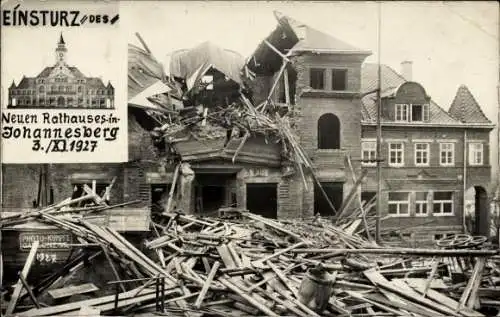 Ak Janov nad Nisou Johannesberg in Böhmen Region Reichenberg, Einsturz des Rathauses 1927