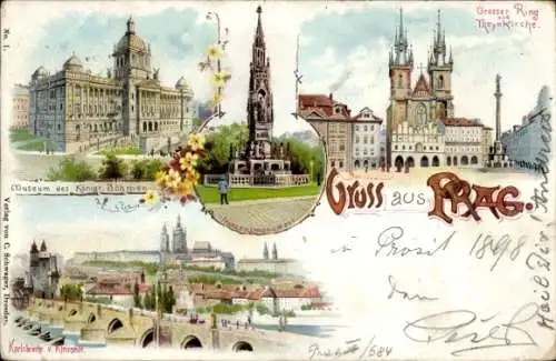 Litho Praha Prag, Museum des Kgr. Böhmen, Großer Ring, Theynkirche, Karlsbrücke