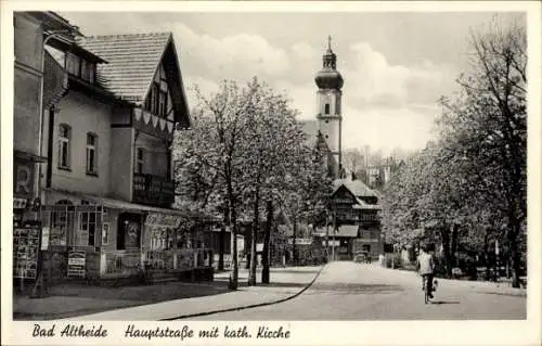 Ak Polanica Zdrój Bad Altheide Schlesien, Hauptstraße mit Kirche