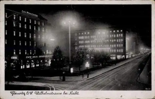 Ak Gliwice Gleiwitz Oberschlesien, Wilhelmstraße bei Nacht