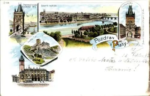 Litho Praha Prag Tschechien,  Staroméstská, Mostecká ulice, Teynkirche, Prager Burg