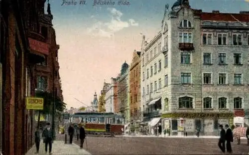 Ak Prag Tschechien, Belskeho trida, Straßenbahn, Männer