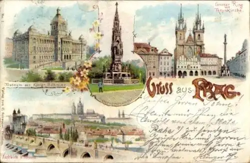 Litho Praha Prag, Museum des Kgr. Böhmen, Großer Ring, Theynkirche, Karlsbrücke