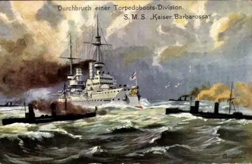 Künstler Ak Deutsche Kriegsschiffe, Torpedoboots Division, SMS Kaiser Barbarossa, Kaiserliche Marine