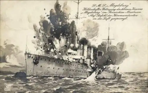 Ak Deutsches Kriegsschiff SMS Magdeburg, Kleiner Kreuzer, Unter Beschuss, Untergang