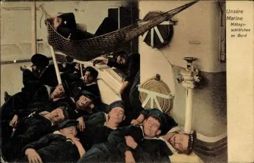 Ak Deutsche Matrosen, Mittagsschläfchen an Bord, Kaiserliche Marine, Hängematte