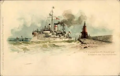 Künstler Litho Bohrdt, Hans, Swinemünde, Deutsches Kriegsschiff, SMS Siegfried, Panzerschiff