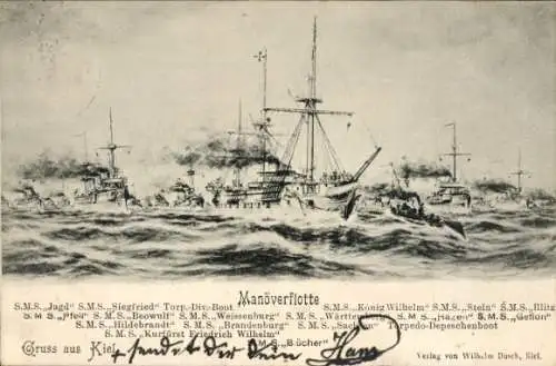 Ak Deutsche Kriegsschiffe, Manöverflotte, SMS Jagd, SMS Siegfried, SMS König Wilhelm