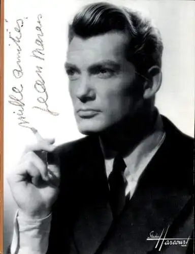 Autogrammkarte Schauspieler Jean Marais, Porträt, Zigarette