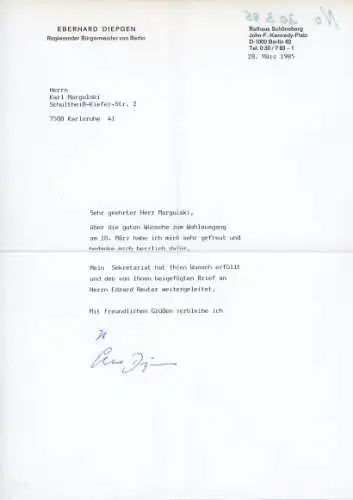 Autogramm Eberhard Diepgen, Regierender Bürgermeister von Berlin, 1985