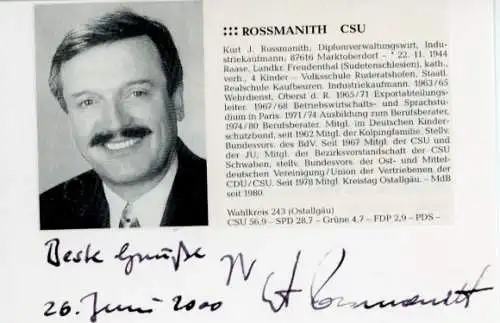 Autogramm Kurt J. Rossmanith, CSU, Abgeordneter Wahlkreis Ostallgäu