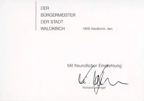 Autogrammkarte Bürgermeister der Stadt Waldkirch, Richard Leibinger, Autogramm