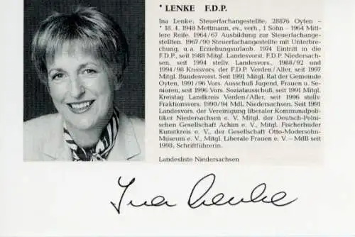 Autogramm Ina Lenke, FDP, Landesliste Niedersachsen