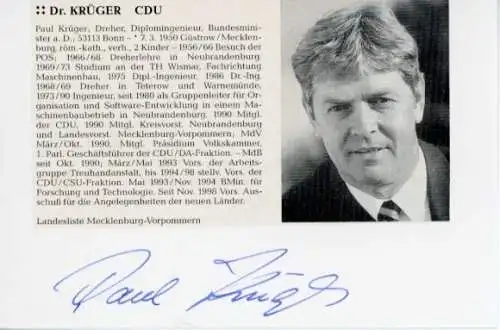 Autogramm Dr. Paul Krüger, CDU, Landesliste Mecklenburg Vorpommern