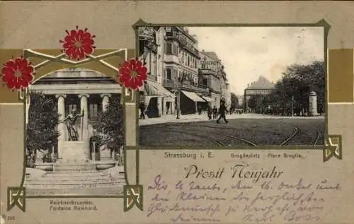 Jugendstil Passepartout Ak Straßburg Elsass Bas Rhin, Broglieplatz, Reinhardbrunnen, Neujahr