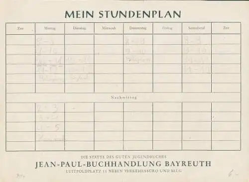 Stundenplan Jean-Paul-Buchhandlung Bayreuth