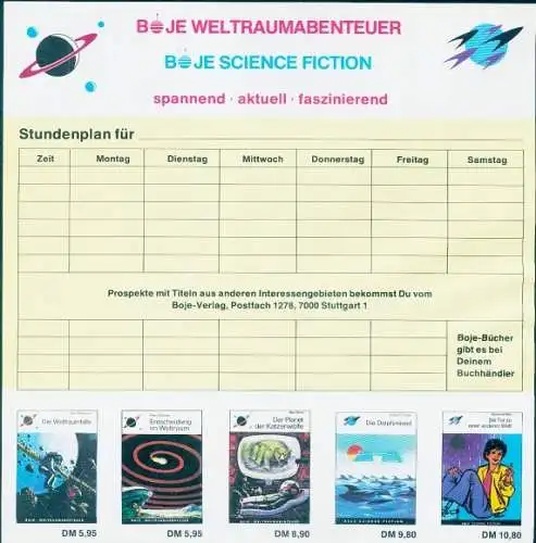 Stundenplan Boje Weltraumabenteuer, Science Fiction, Boje-Verlag