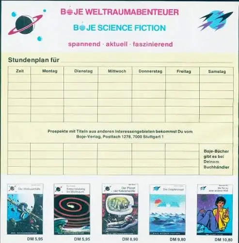 Stundenplan Boje Weltraumabenteuer, Science Fiction, Boje-Verlag