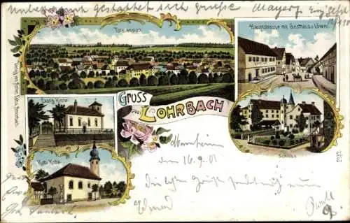 Litho Lohrbach Mosbach am Odenwald, Hauptstraße, Gasthaus zum Löwen, Schloss, Ev. u. kath. Kirche