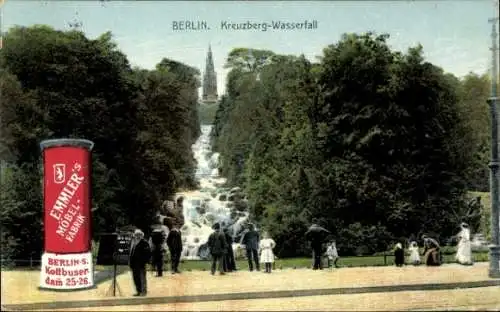 Ak Berlin Kreuzberg, Viktoriapark, Wasserfall, Nationaldenkmal, Litfaßsäule, Emmler's Möbelfabrik