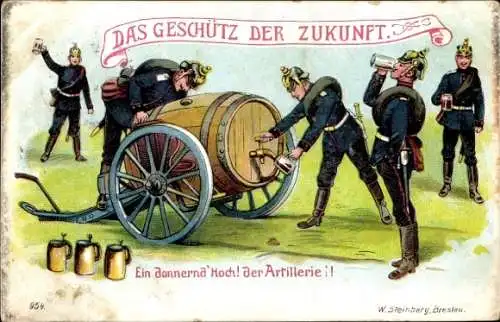 Künstler Ak Deutsche Soldaten, Geschütz der Zukunft, Bierfass